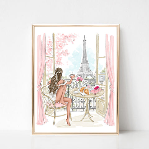 Watercolor art print fashion illustration. Morning coffee with Eiffel Tower view