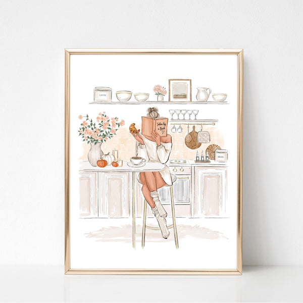 Reading girl on cozy kitchen Fashion Illustration Wall Art