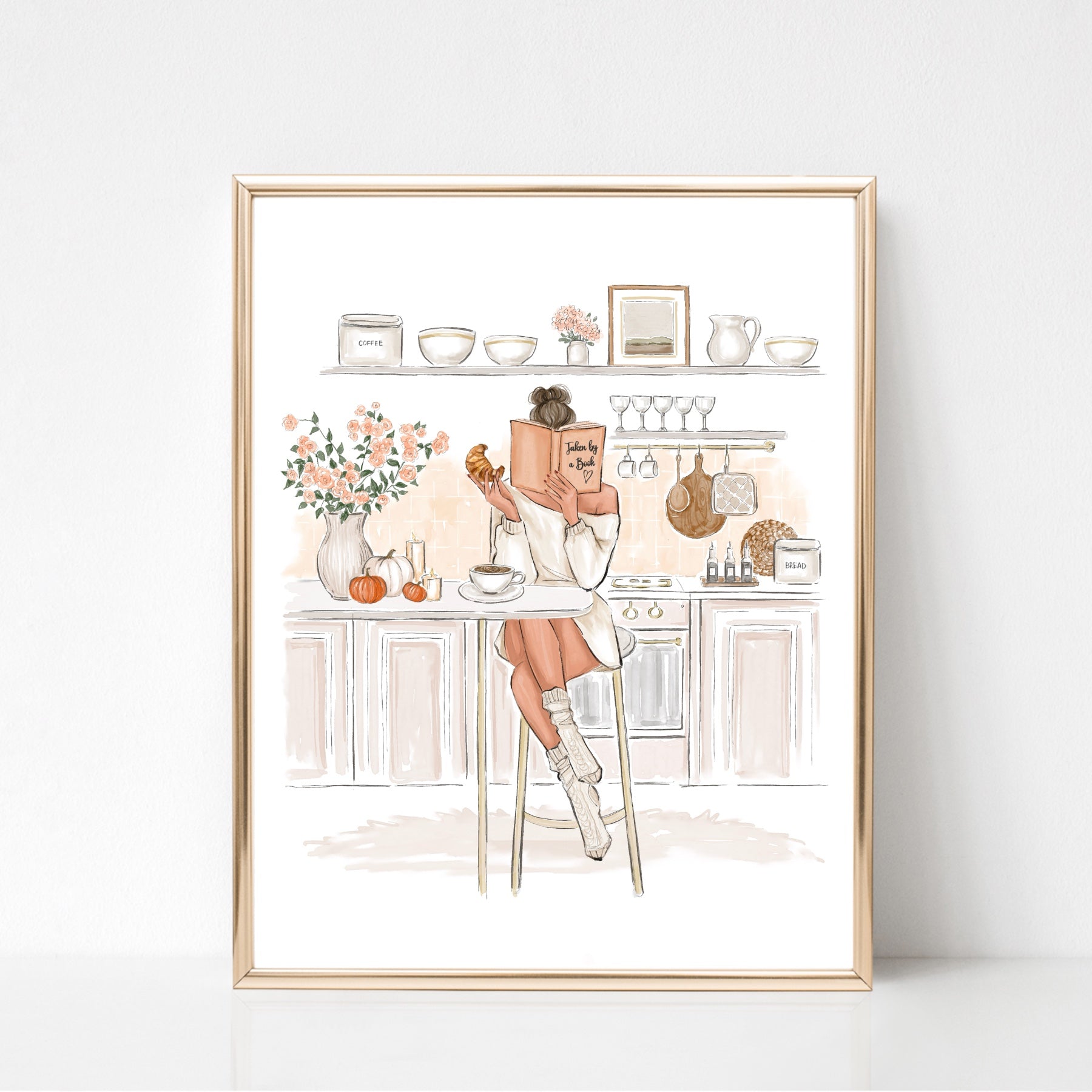 Reading girl on cozy kitchen Fashion Illustration Wall Art