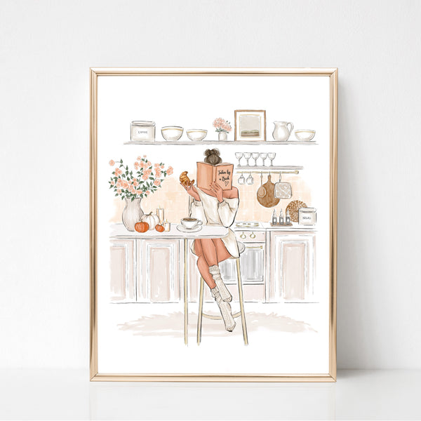 Reading girl on cozy kitchen Fashion Illustration Wall Art
