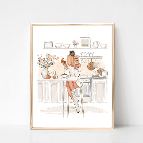 Reading girl on cozy kitchen Fashion Illustration Wall Art