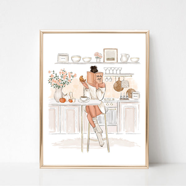 Reading girl on cozy kitchen Fashion Illustration Wall Art