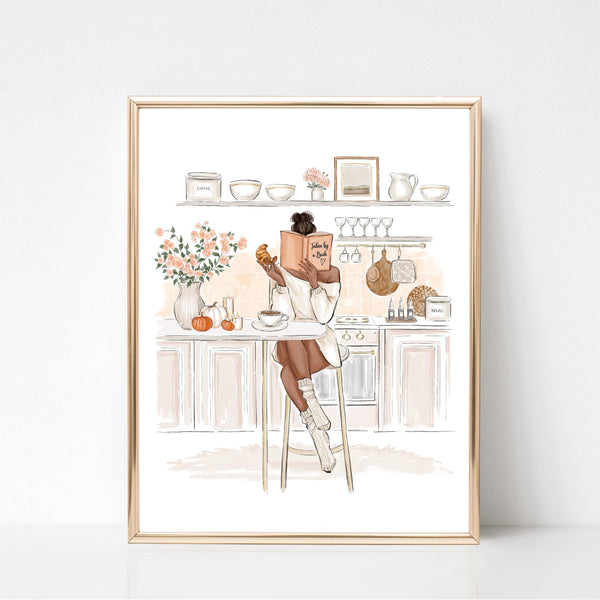 Reading girl on cozy kitchen Fashion Illustration Wall Art
