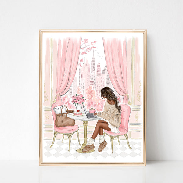 Cozy cafe Watercolor art print fashion illustration