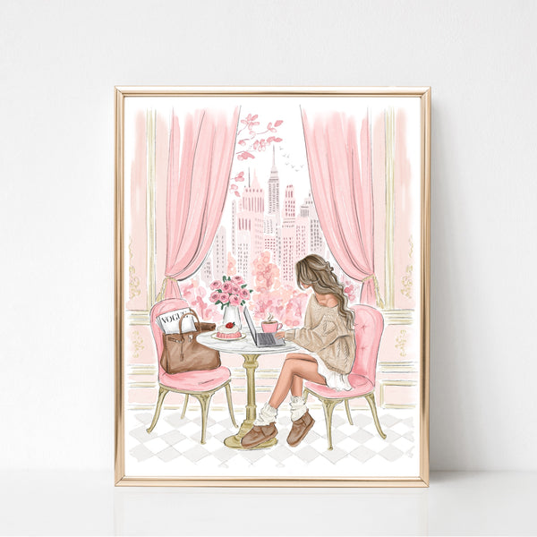 Cozy cafe Watercolor art print fashion illustration