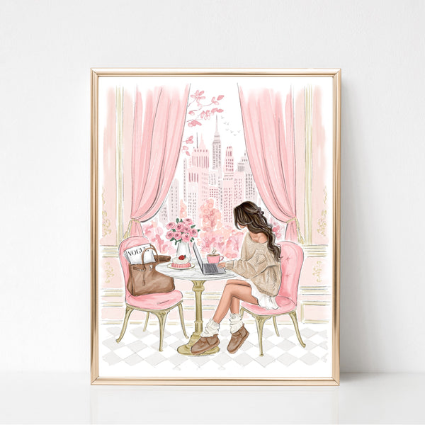 Cozy cafe Watercolor art print fashion illustration