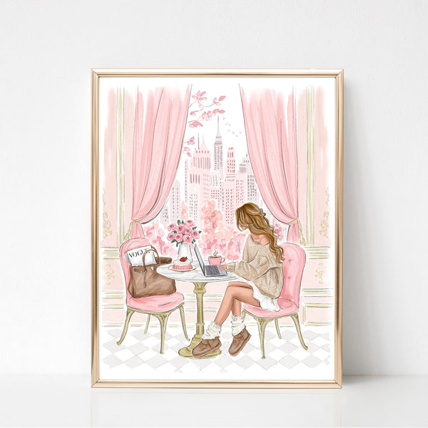 Cozy cafe Watercolor art print fashion illustration