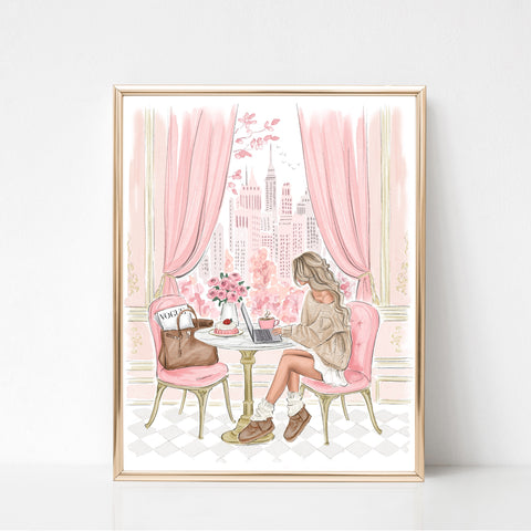 Cozy cafe Watercolor art print fashion illustration