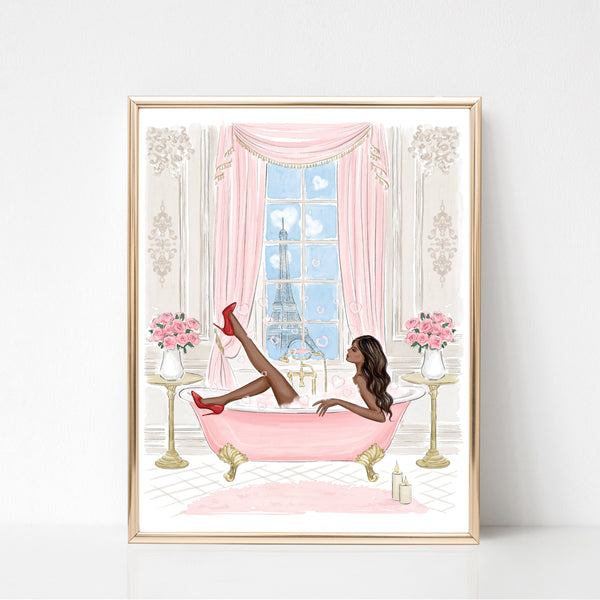 Chic girl in pink bathtub with Eiffel Tower view fashion illustration art print