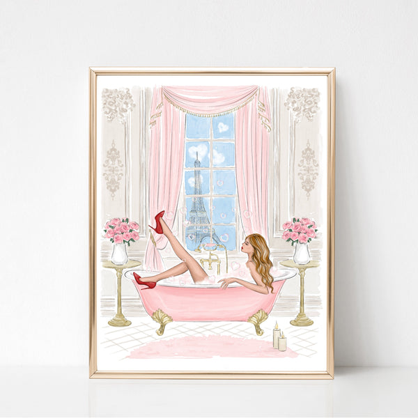 Chic girl in pink bathtub with Eiffel Tower view fashion illustration art print