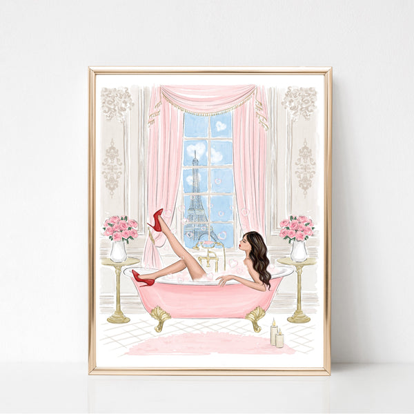 Chic girl in pink bathtub with Eiffel Tower view fashion illustration art print