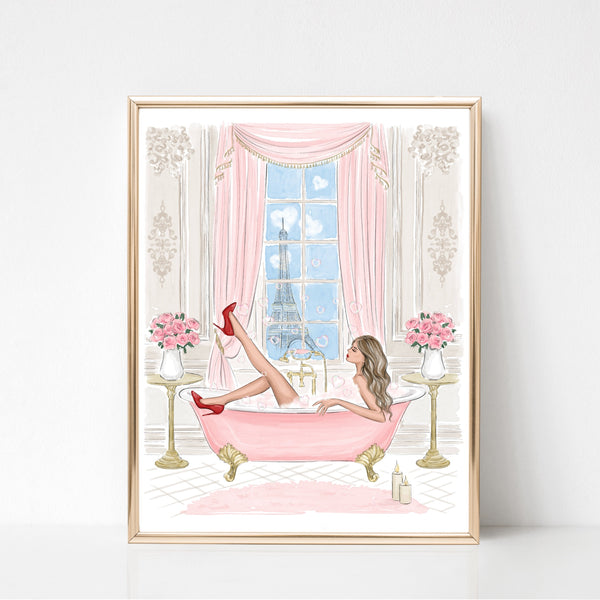 Chic girl in pink bathtub with Eiffel Tower view fashion illustration art print