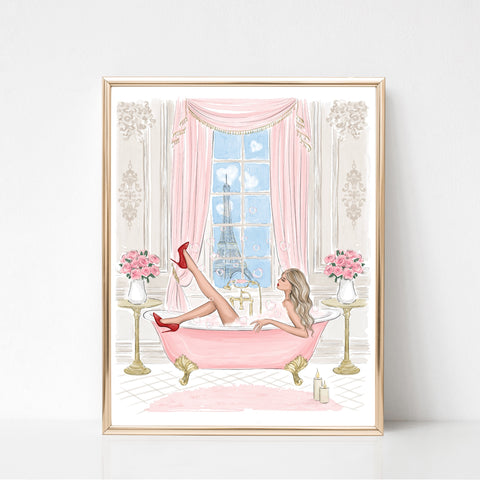 Chic girl in pink bathtub with Eiffel Tower view fashion illustration art print