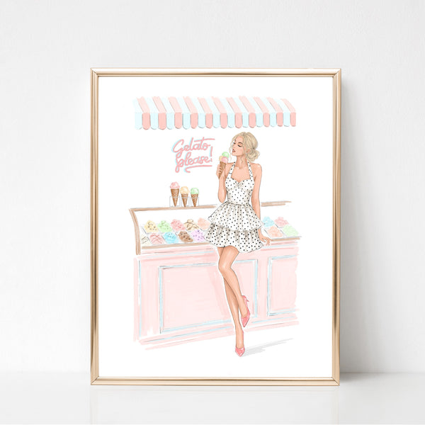 Watercolor art print fashion illustration of a girl in ice cream shop