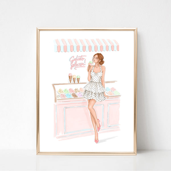 Watercolor art print fashion illustration of a girl in ice cream shop