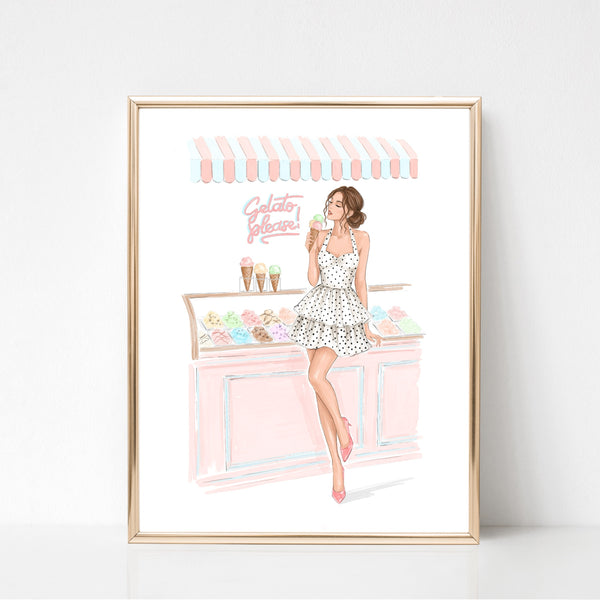 Watercolor art print fashion illustration of a girl in ice cream shop