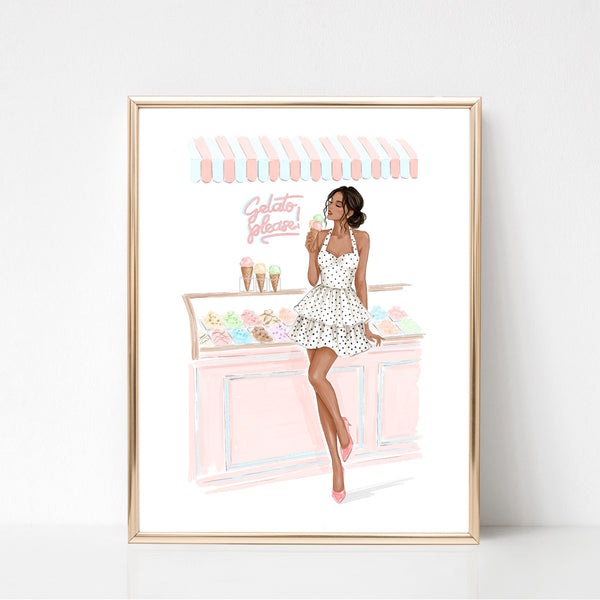 Watercolor art print fashion illustration of a girl in ice cream shop