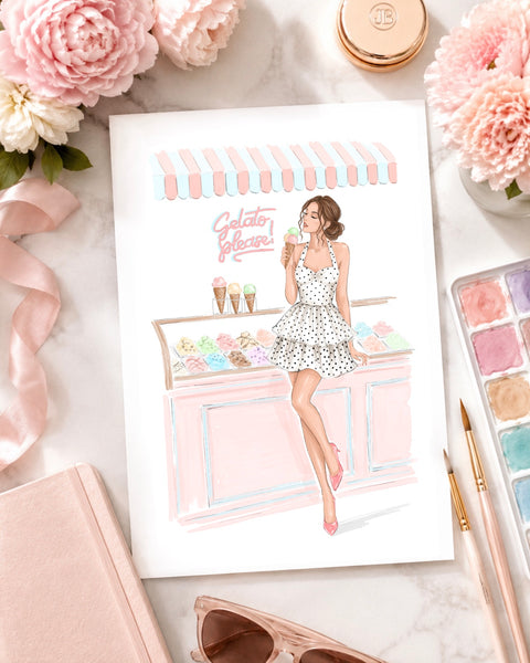 Watercolor art print fashion illustration of a girl in ice cream shop