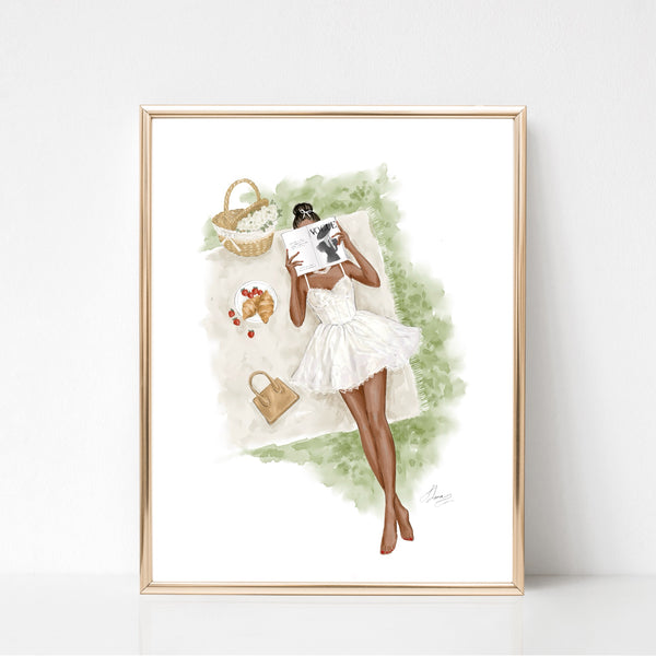 Watercolor art print fashion illustration of the girl on picnic reading book