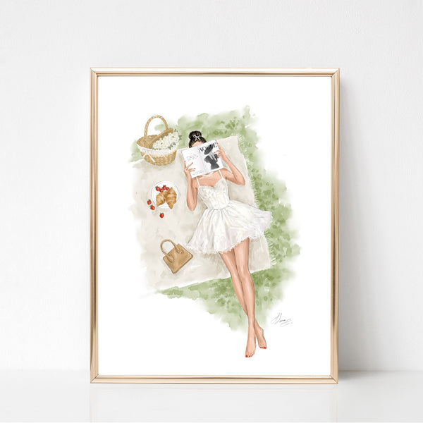 Watercolor art print fashion illustration of the girl on picnic reading book