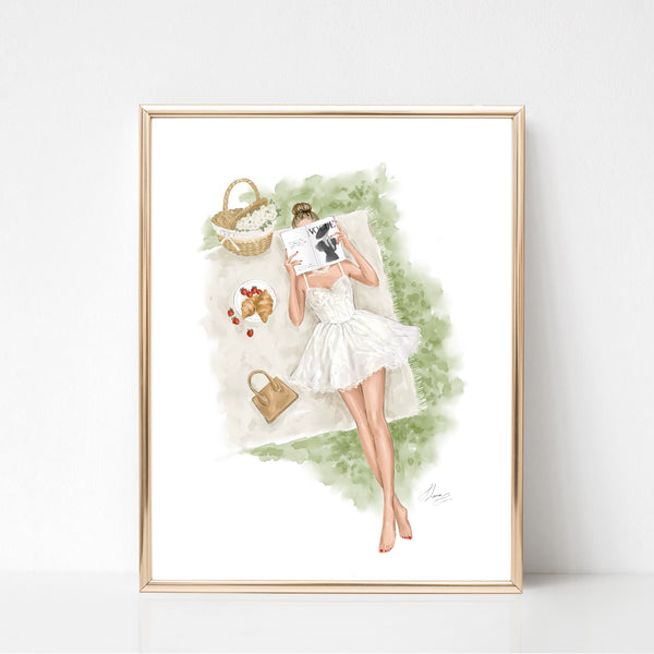 Watercolor art print fashion illustration of the girl on picnic reading book