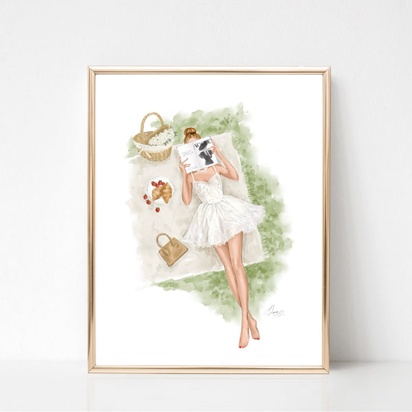 Watercolor art print fashion illustration of the girl on picnic reading book