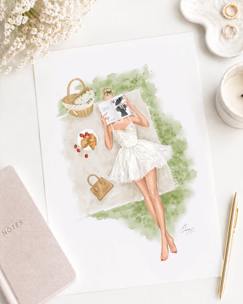 Watercolor art print fashion illustration of the girl on picnic reading book