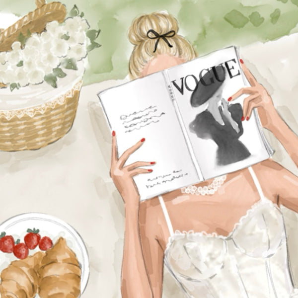 Watercolor art print fashion illustration of the girl on picnic reading book
