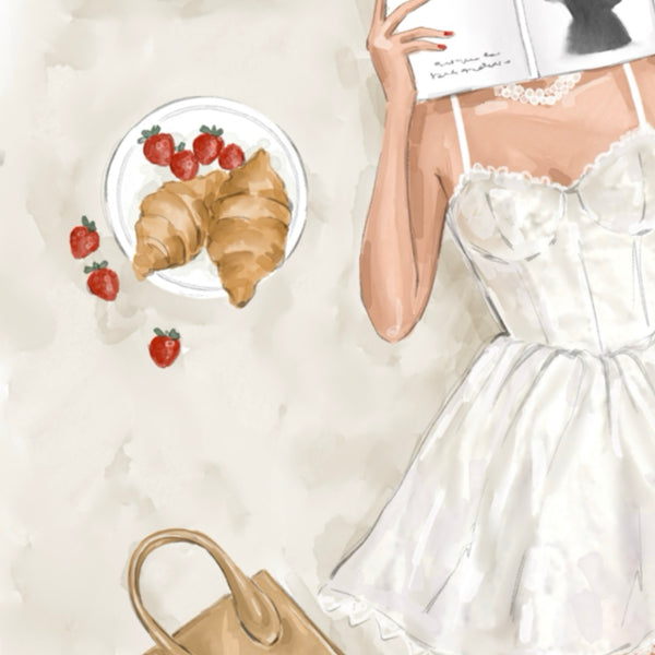 Watercolor art print fashion illustration of the girl on picnic reading book