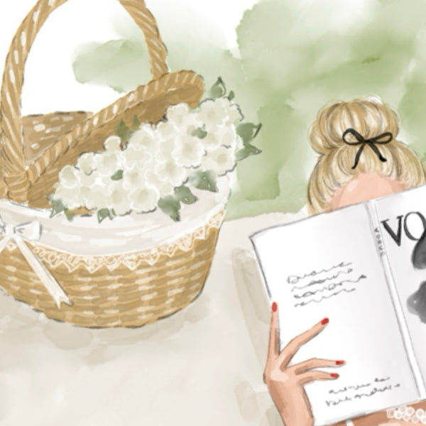 Watercolor art print fashion illustration of the girl on picnic reading book