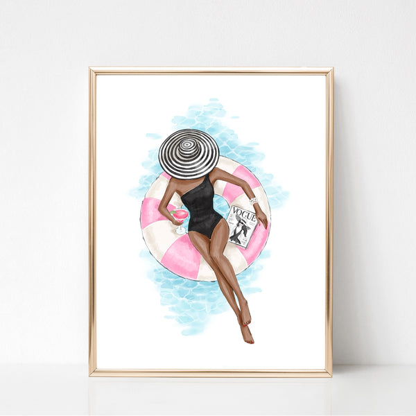 Chic girl in the pool summer art print fashion illustration