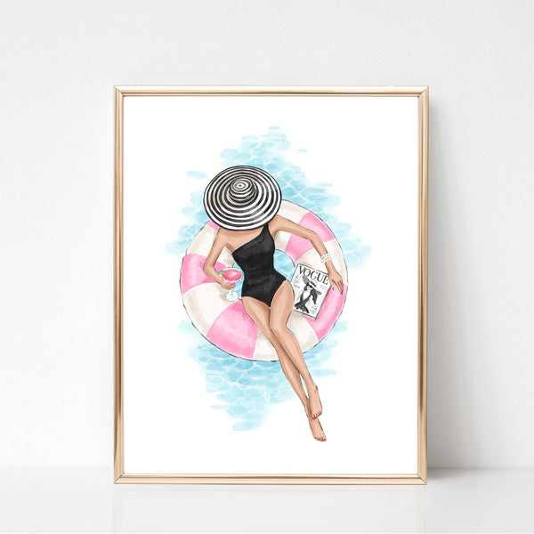 Chic girl in the pool summer art print fashion illustration
