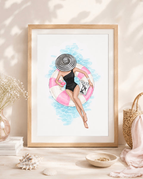 Chic girl in the pool summer art print fashion illustration