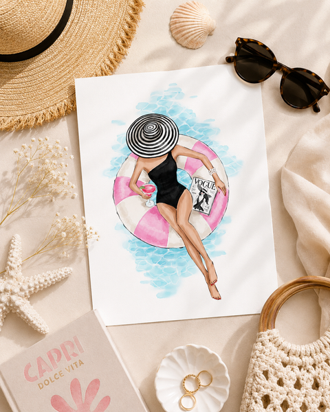 Chic girl in the pool summer art print fashion illustration