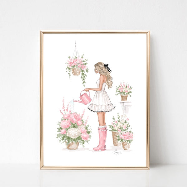 Watercolor art print fashion illustration of a girl in floral garden