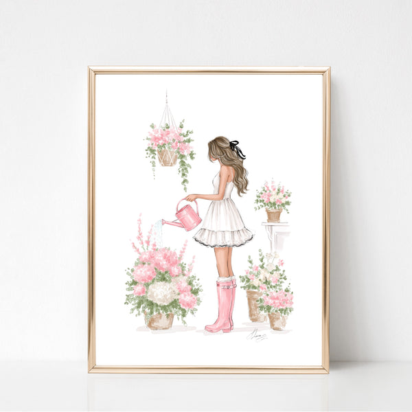 Watercolor art print fashion illustration of a girl in floral garden