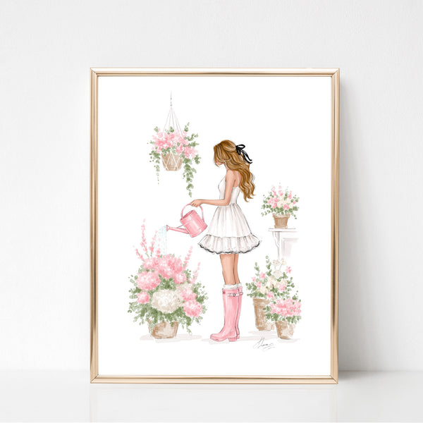 Watercolor art print fashion illustration of a girl in floral garden
