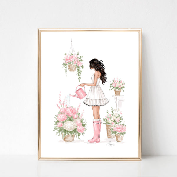 Watercolor art print fashion illustration of a girl in floral garden
