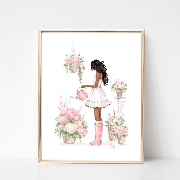 Watercolor art print fashion illustration of a girl in floral garden
