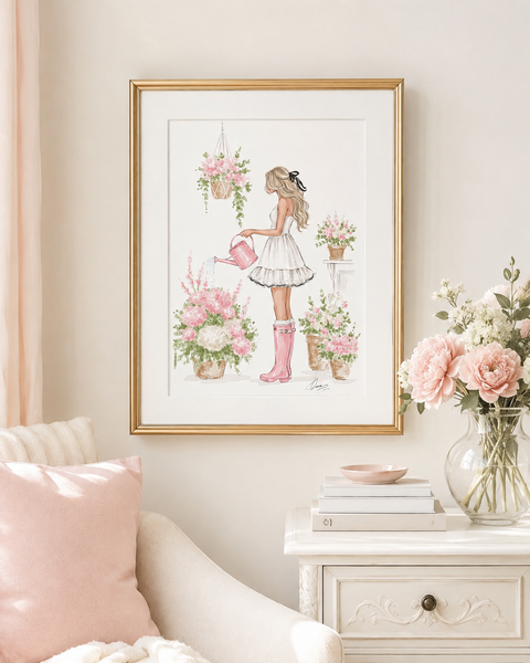 Watercolor art print fashion illustration of a girl in floral garden