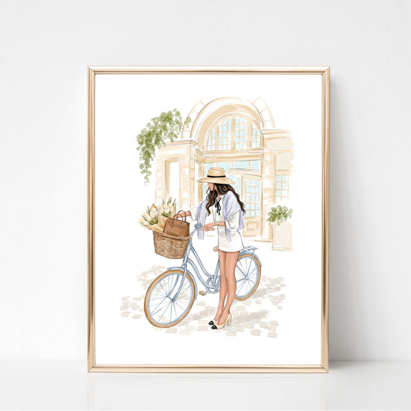 Watercolor art print fashion illustration of a girl in Paris street on bike
