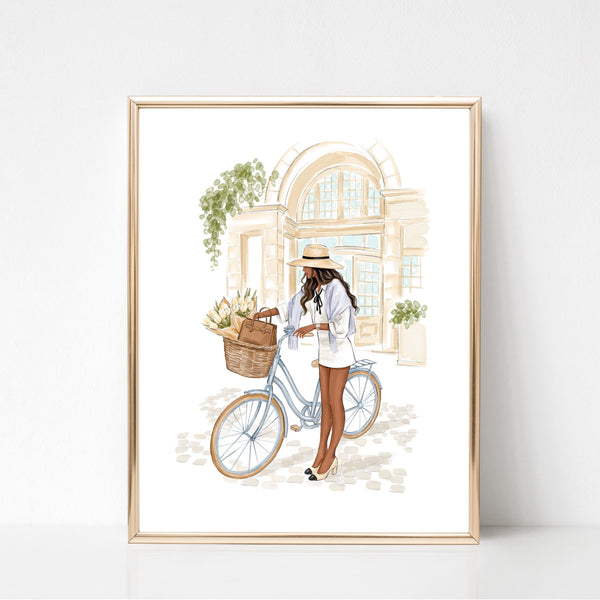 Watercolor art print fashion illustration of a girl in Paris street on bike