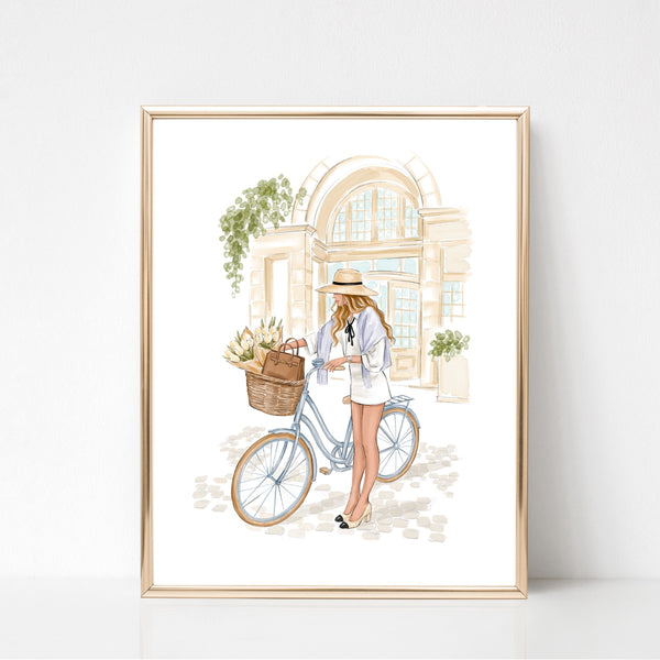 Watercolor art print fashion illustration of a girl in Paris street on bike
