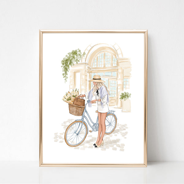 Watercolor art print fashion illustration of a girl in Paris street on bike