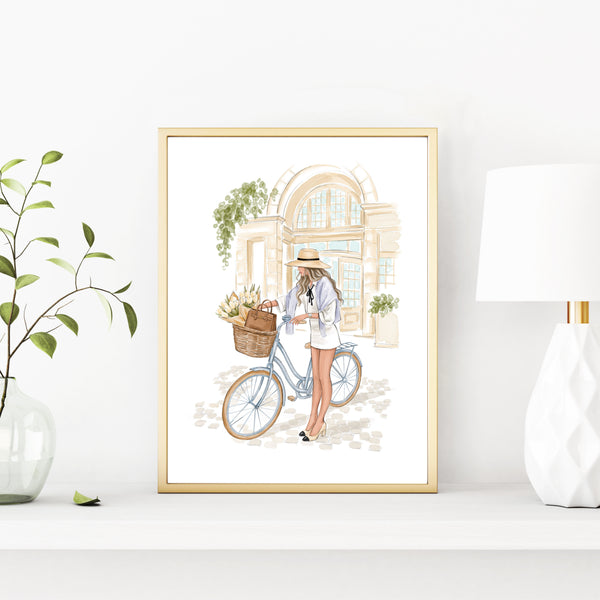 Watercolor art print fashion illustration of a girl in Paris street on bike