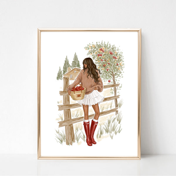 Fall Fashion Illustration Wall Art of girl picking apples
