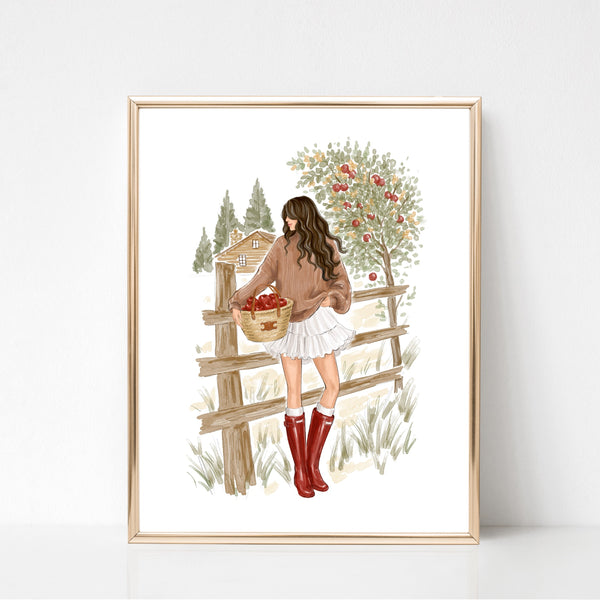 Fall Fashion Illustration Wall Art of girl picking apples