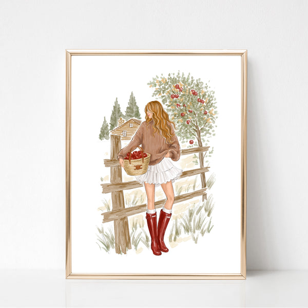 Fall Fashion Illustration Wall Art of girl picking apples