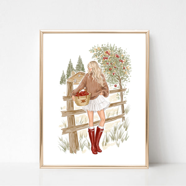 Fall Fashion Illustration Wall Art of girl picking apples