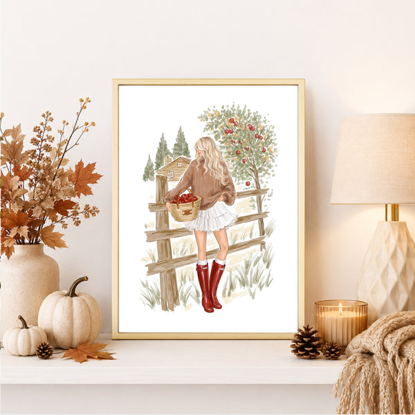 Fall Fashion Illustration Wall Art of girl picking apples